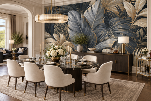 Gold and charcoal tropical leaf mural in a dining room with a black marble round table, cream chairs and a gold pendant chandelier