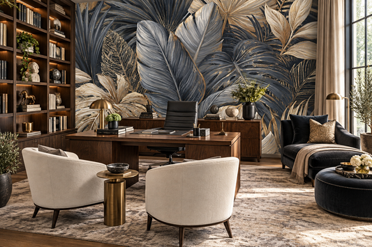 Charcoal and gold leaf wall mural in an executive office with a walnut desk, shelves, cream chairs and a black chair with an ottoman