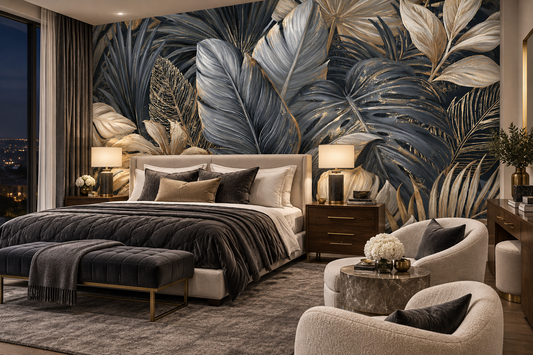 Charcoal gray and gold tropical mural behind a bed with a charcoal tufted bench, a charcoal throw, cream chairs and bedside lamps