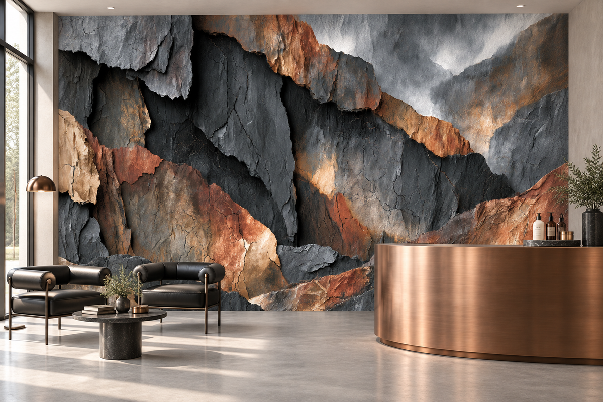 Charcoal slate and copper stone mural behind a copper curved reception desk and two black leather armchairs in a lobby