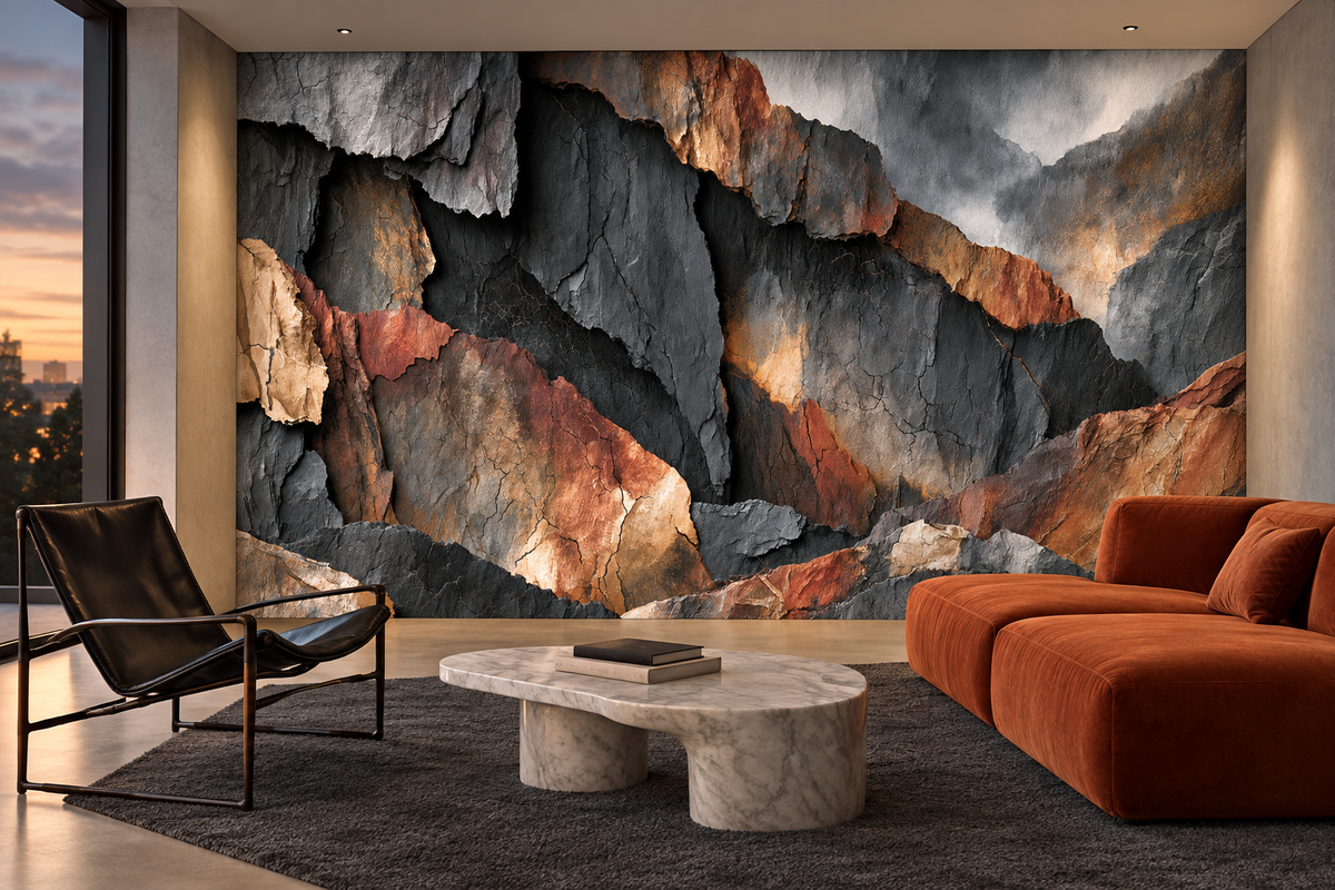Copper and charcoal stone mural behind a rust curved sofa, a marble coffee table and a black leather lounge chair