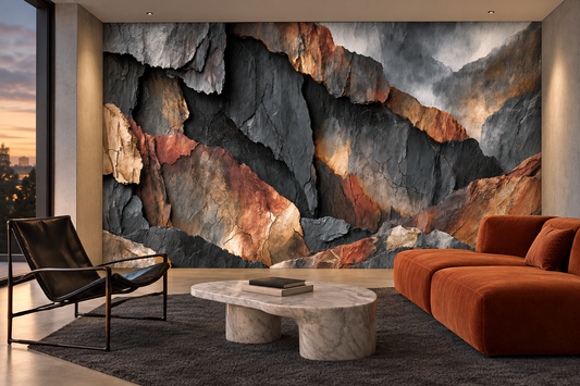Copper and charcoal stone mural behind a rust curved sofa, a marble coffee table and a black leather lounge chair