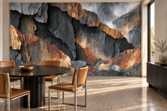 Slate and copper stone mural in a dining room with a round black table, tan leather chairs and a black sideboard