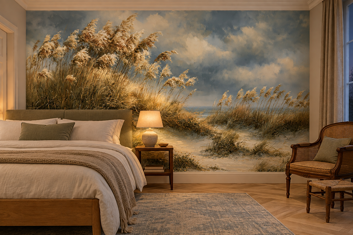 Coastal dune grass mural behind a bed with a sage headboard, a rattan chair and a table lamp on a herringbone floor