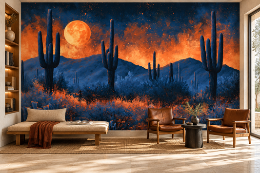 Cobalt cactus desert and amber moon mural in a reading nook with a daybed, a rust throw, two leather armchairs and a bookshelf