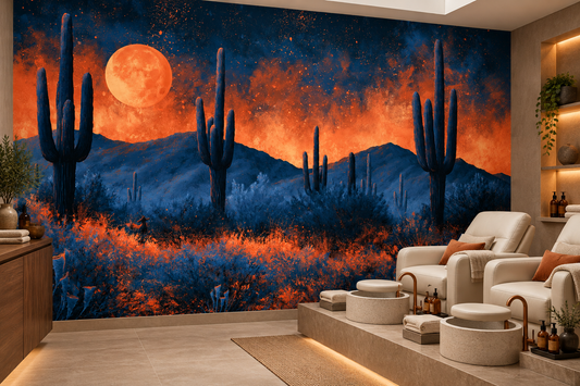 Cactus desert night mural in a pedicure spa with cream spa chairs on a platform, copper faucets and shelves