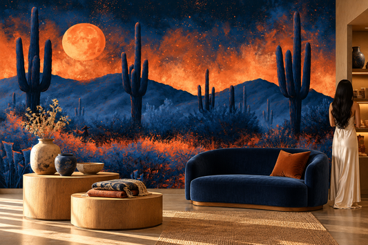 Cobalt desert and amber moon mural behind a navy curved sofa with a rust pillow, round wood tables and a woman in a cream dress