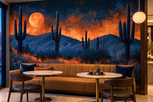 Desert cactus and amber moon mural in a cafe lounge with a caramel leather banquette, round marble tables and leather chairs