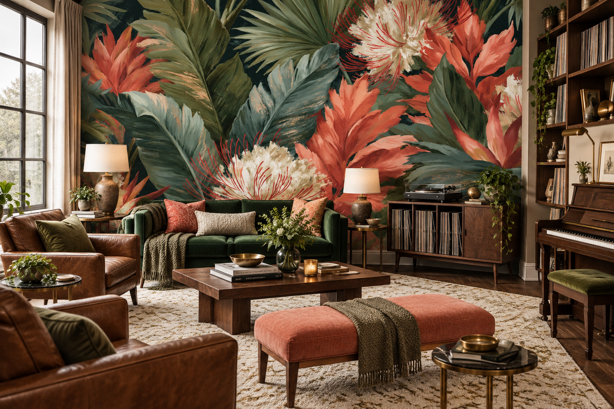 Tropical floral mural in a den with brown leather sofas, a coral ottoman, a green sofa, a piano and a record cabinet