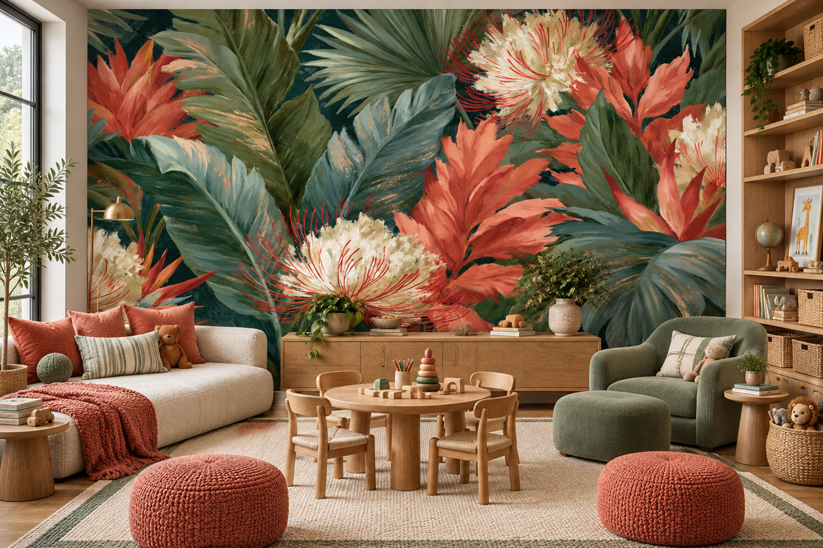 Coral and sage tropical mural in a playroom with a white sofa, coral poufs, a child-size table and chairs and a sage armchair