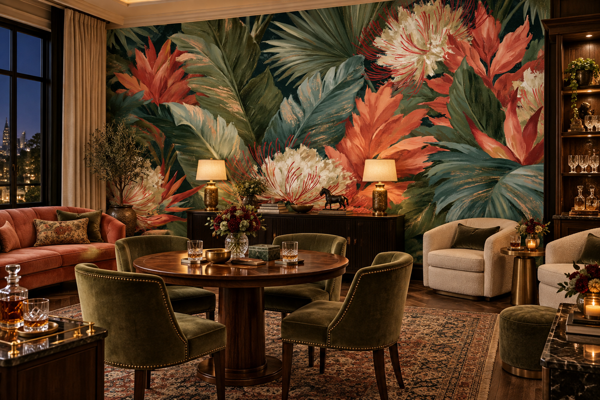 Coral and sage tropical mural in a lounge with a coral sofa, olive velvet chairs, a round wood table and bar carts