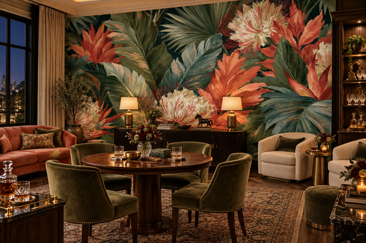 Coral and sage tropical mural in a lounge with a coral sofa, olive velvet chairs, a round wood table and bar carts