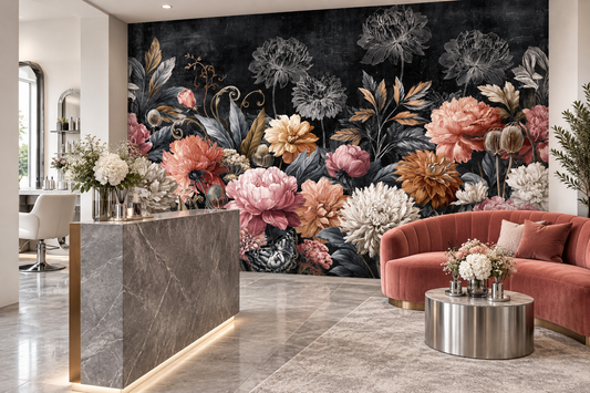 Coral pink and white peony mural on black behind a stone reception desk and a rust curved sofa with a silver coffee table