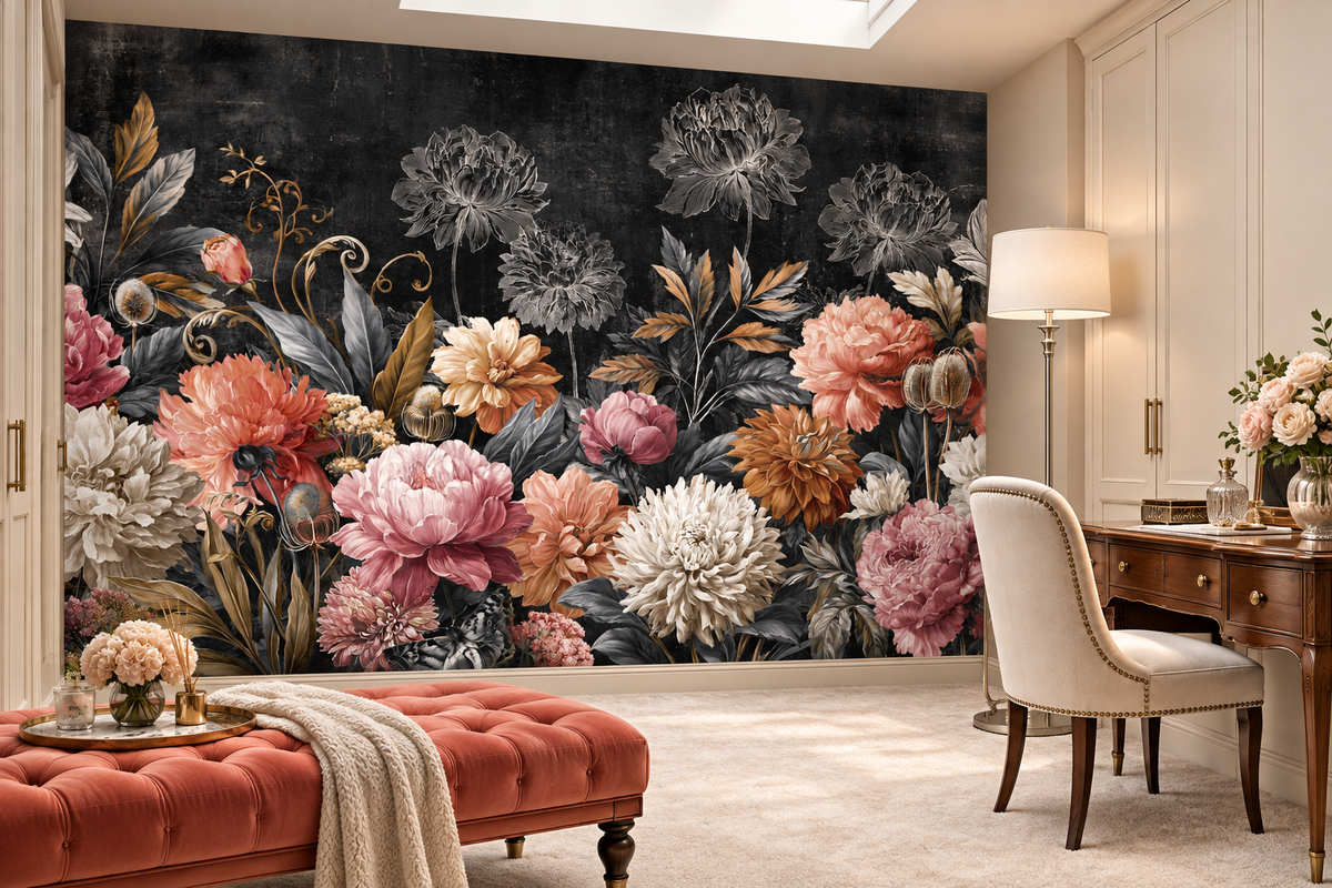 Peony and silver line art mural in a dressing room with a coral tufted ottoman, a desk with a cream chair and a floor lamp