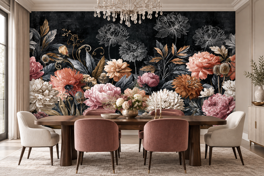 Coral peony mural on black in a dining room with a walnut table, rose velvet chairs, cream chairs and a crystal chandelier