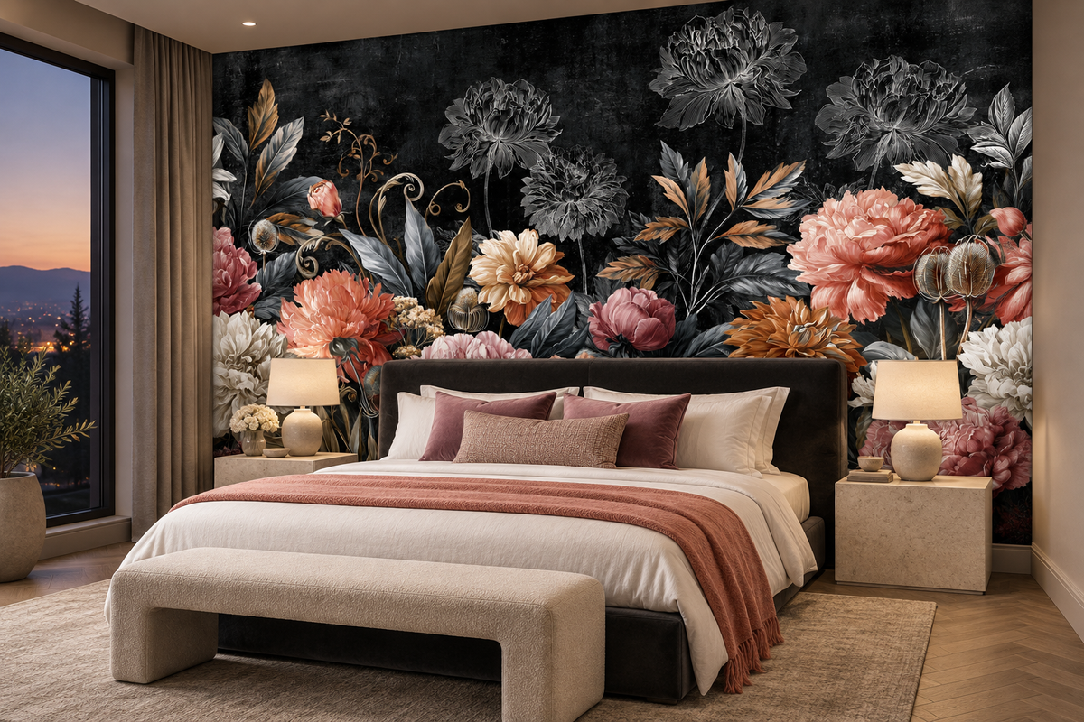 Coral and white peony mural behind a dark bed with blush and rose bedding, a cream bench and two bedside lamps