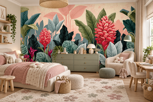 Tropical ginger flower mural in a child's room with a pink bed, a sage dresser, a stuffed bunny and a small desk on a patterned rug