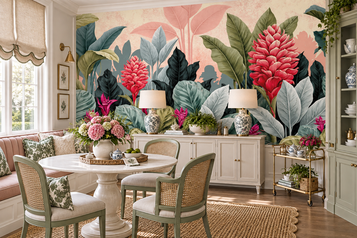 Coral and sage tropical mural in a dining nook with a white pedestal table, rattan chairs, a sideboard and a china cabinet