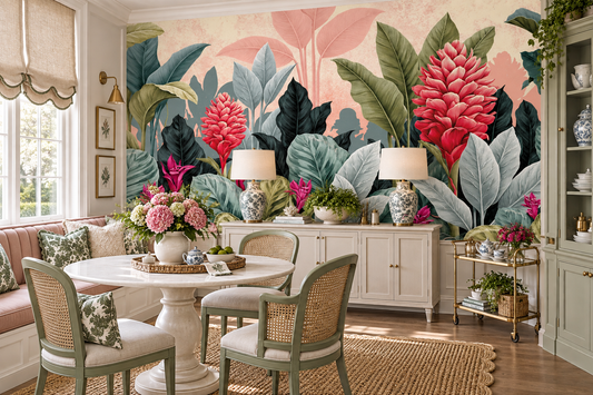 Coral and sage tropical mural in a dining nook with a white pedestal table, rattan chairs, a sideboard and a china cabinet