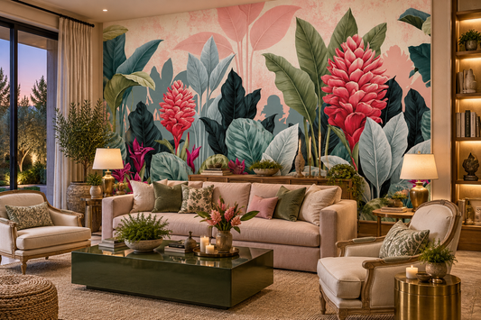 Ginger flower and sage leaf mural behind a blush sofa, a green coffee table and a rattan pouf with bookshelves nearby