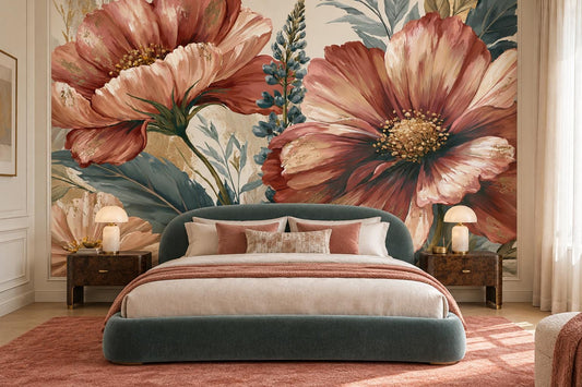 Coral pink oversized floral wall mural behind a teal velvet bed with coral bedside lamps and a coral rug