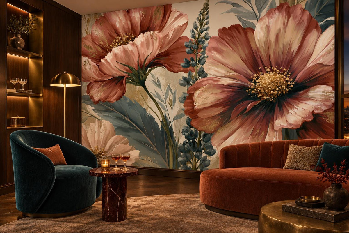 Large coral flower and teal leaf wallpaper mural in a lounge with a teal armchair and a rust velvet curved sofa