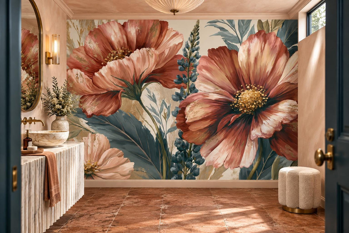 Coral and teal floral wall mural in a powder room with a terracotta marble floor and a vessel sink