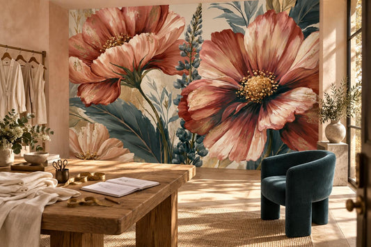 Oversized coral bloom wall mural in a dressing room with white robes, a wood table and a teal armchair