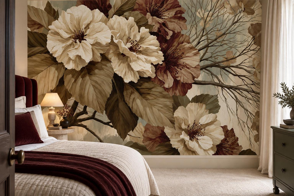 Cream and burgundy floral wall mural with bronze leaves beside a bed with burgundy velvet bedding