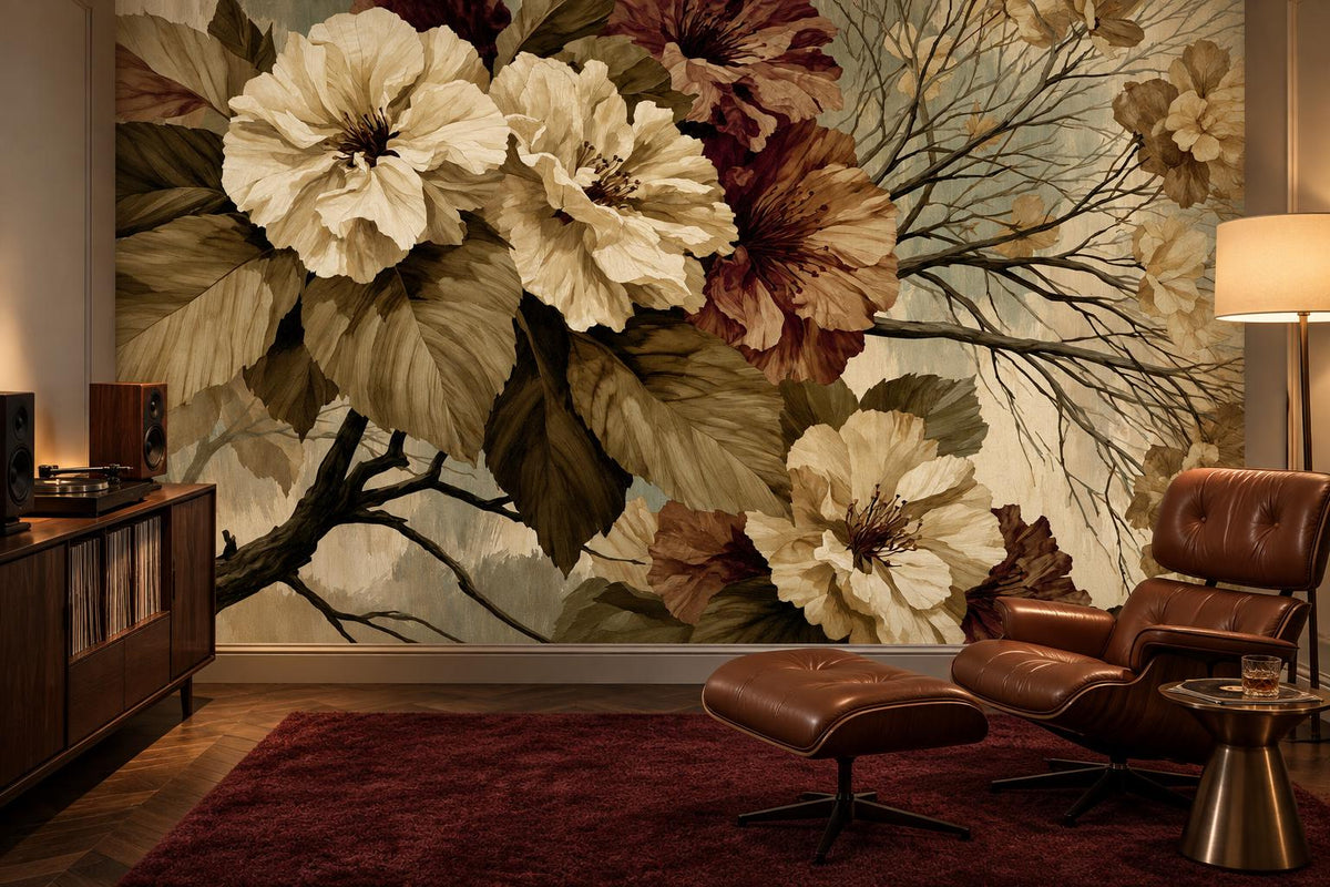 Ivory and wine-red vintage floral wallpaper mural in a listening room with a record cabinet and a leather lounge chair