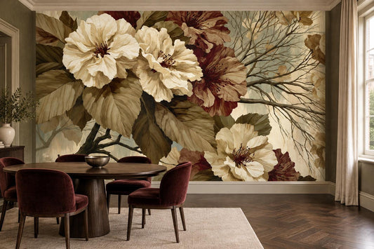 Cream and burgundy flower branch mural in a dining room with a round walnut table and burgundy velvet chairs