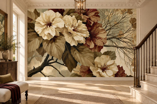 Vintage bronze leaf and cream flower wall mural in a stair hall with sunlit herringbone floors