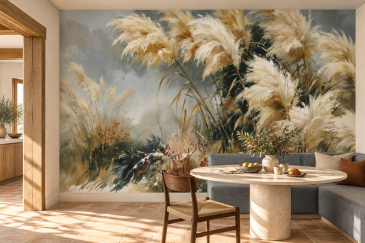 Pampas grass wall mural in a dining nook with a round travertine table, a wood chair and a blue-grey banquette