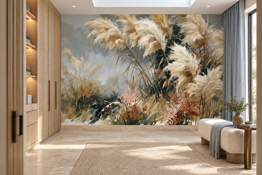 Cream pampas mural in a dressing area with a cream bench with a blue-grey throw, a wood wardrobe and a blue curtain