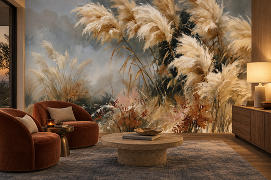 Pampas grass and autumn accent mural in a lounge with two rust curved armchairs, a round stone coffee table and a wood sideboard