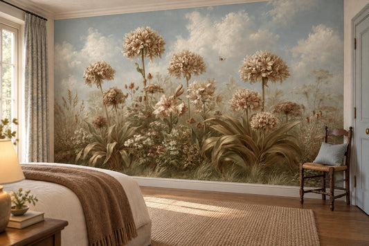 Blue sky meadow wallpaper mural behind a bed with a brown throw in a bright bedroom