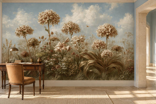 Dreamy cream flower and cloud wall mural in a study with a writing desk and a tan leather chair