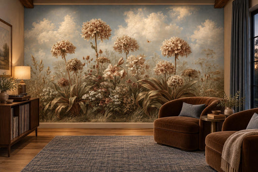Pom pom flower meadow mural in a den with cognac velvet armchairs and a bookshelf cabinet