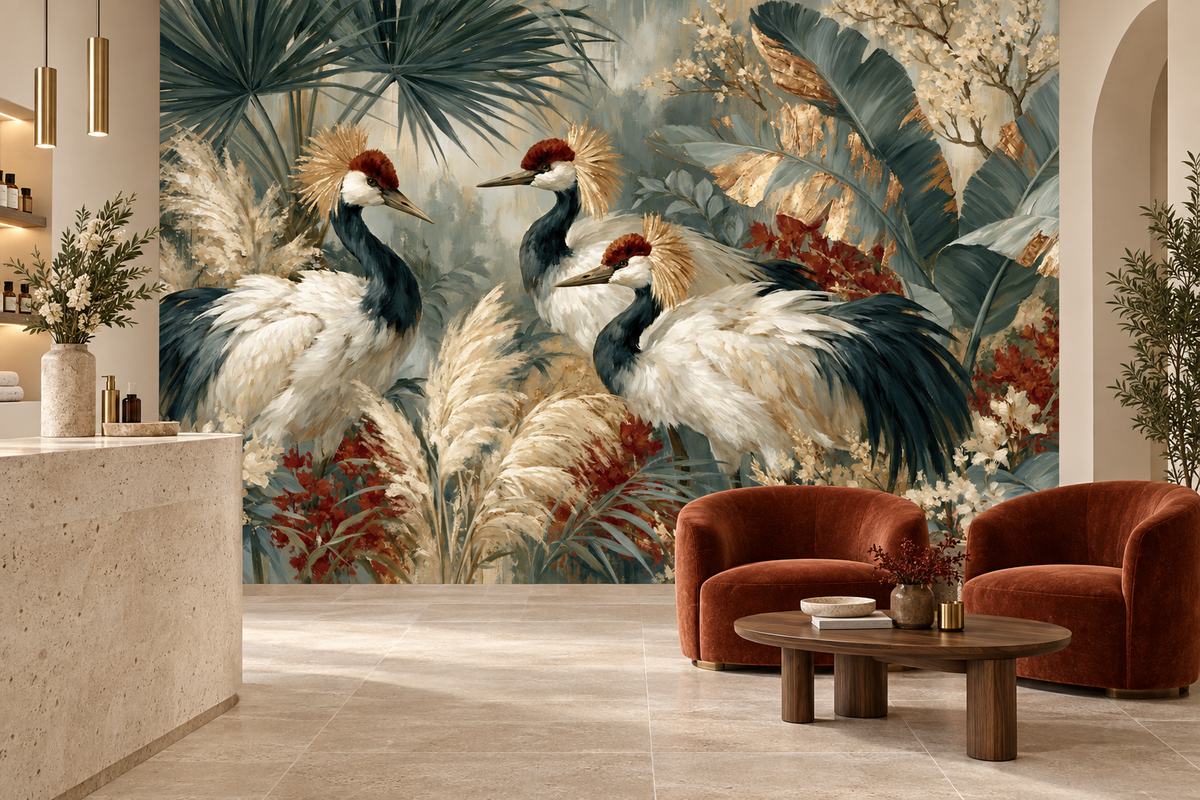 Crowned crane and sage tropical mural behind two rust boucle armchairs and a wood coffee table beside a stone reception counter