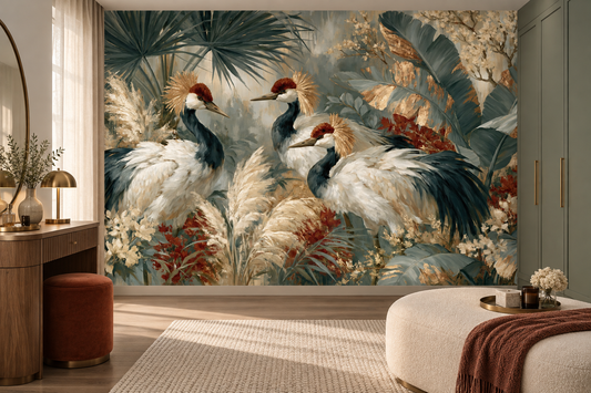 Crane and pampas wall mural in a dressing room with a walnut vanity, a rust pouf and a cream bench with a burgundy throw