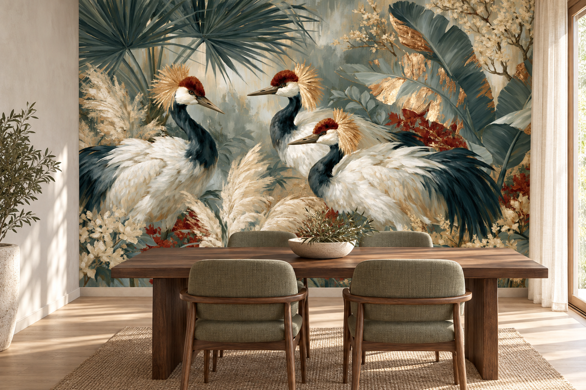 Crowned crane and tropical leaf mural in a dining room with a wood table, sage green chairs and sheer curtains