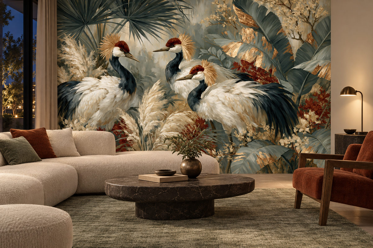 Crowned cranes and pampas mural behind a cream curved sofa with rust pillows, a black stone coffee table and a rust armchair