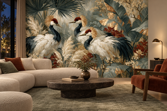 Crowned cranes and pampas mural behind a cream curved sofa with rust pillows, a black stone coffee table and a rust armchair