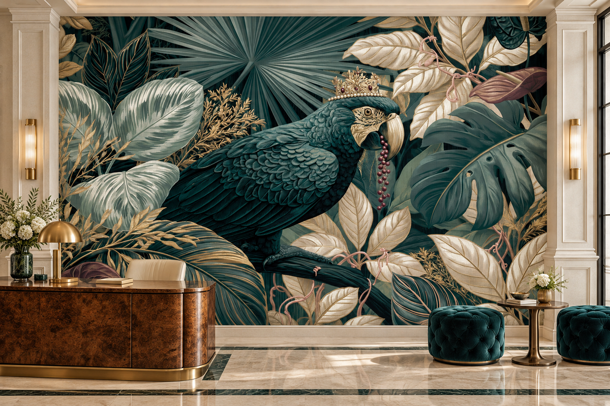 Crowned teal parrot and gold botanical mural behind a burl wood desk with brass trim and two teal velvet poufs in a boutique lobby