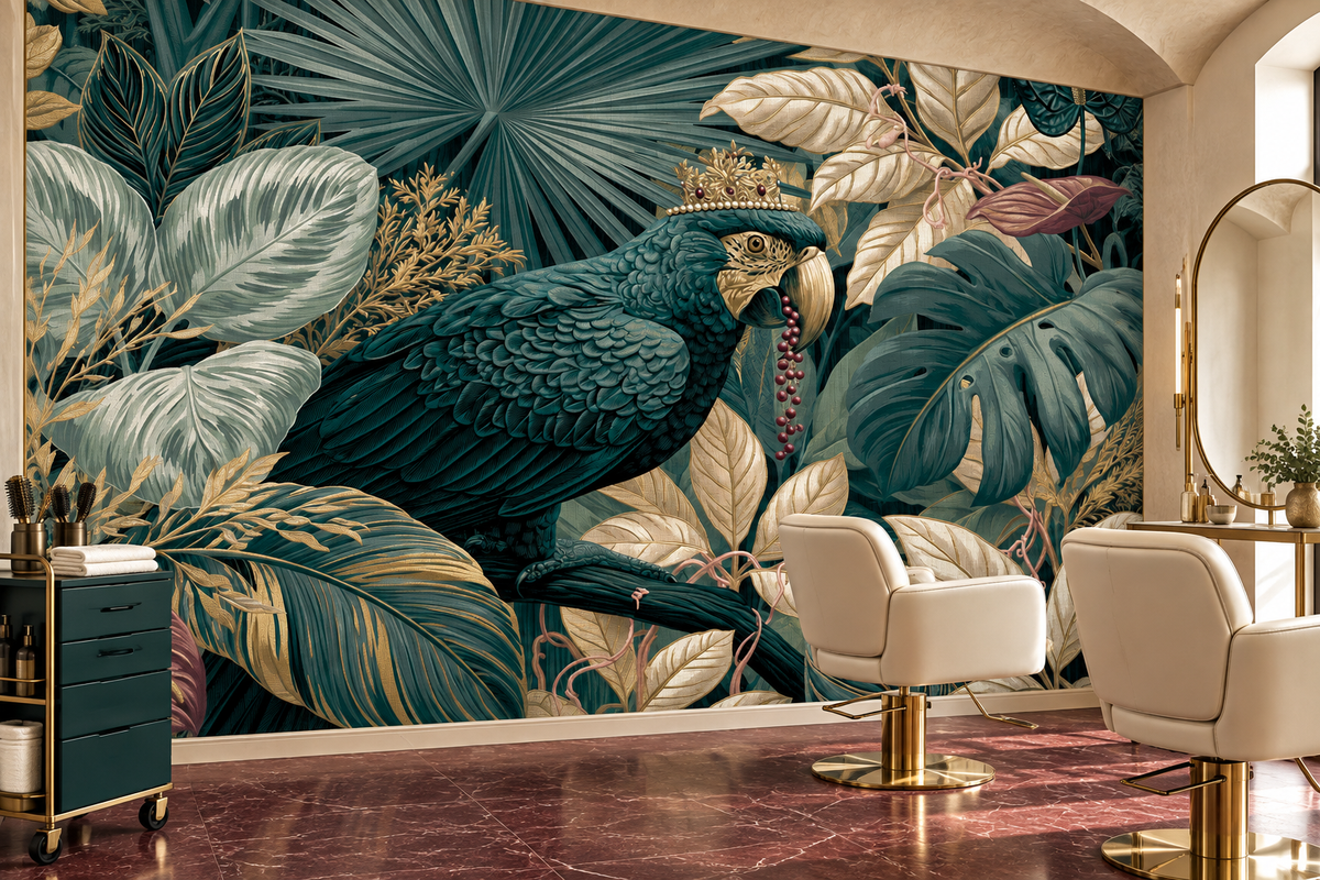 Teal parrot and gold leaf mural in a salon with cream salon chairs with gold bases and a teal rolling cart on a burgundy marble floor