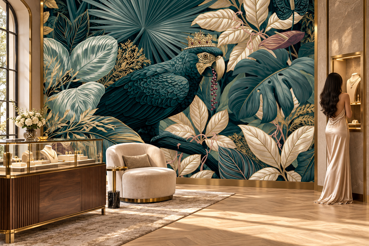 Crowned parrot mural in a jewelry store where a woman in a champagne gown stands near display cases and a cream armchair