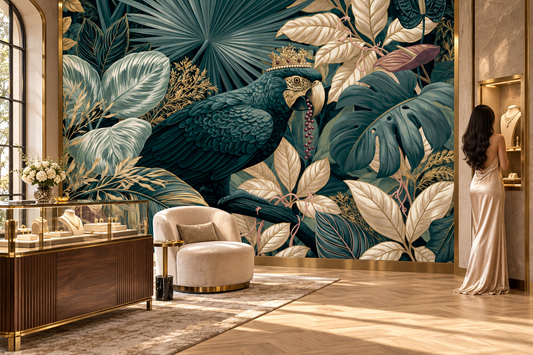 Crowned parrot mural in a jewelry store where a woman in a champagne gown stands near display cases and a cream armchair