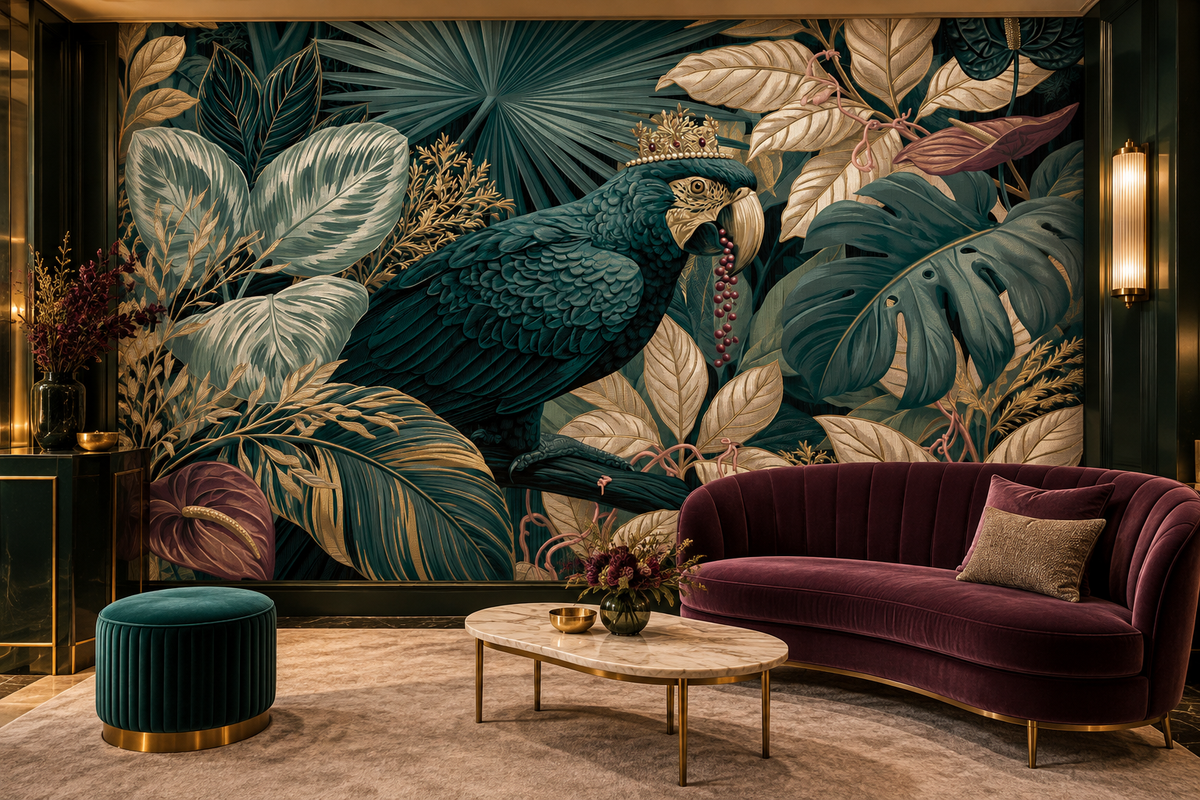 Teal parrot and gold botanical mural behind a burgundy velvet curved sofa, a teal pouf and a marble coffee table in a lounge