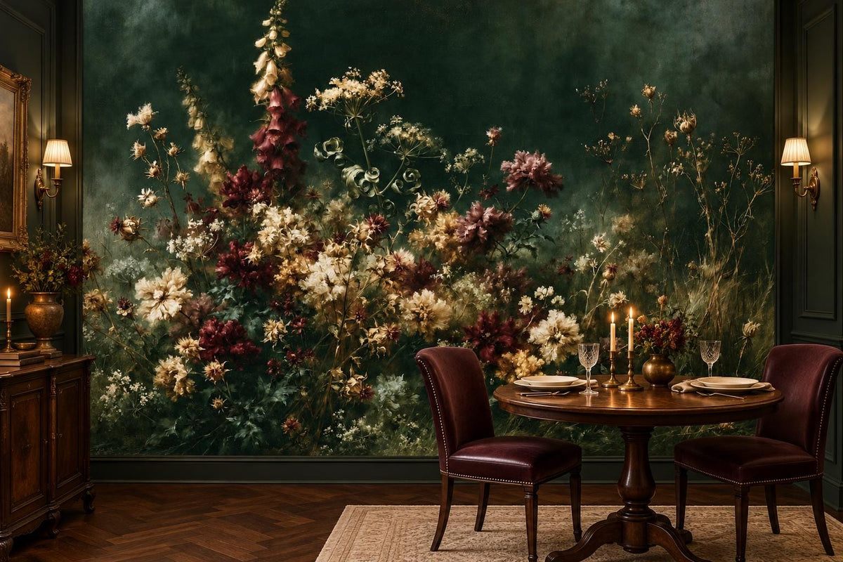 Dark green wildflower wall mural in a candlelit dining nook with a round walnut table and burgundy leather chairs