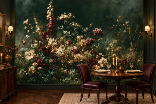 Dark green wildflower wall mural in a candlelit dining nook with a round walnut table and burgundy leather chairs